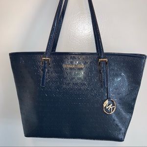 Michael Kors Navy Leather Tote Bag Purse Logo Patent Leather